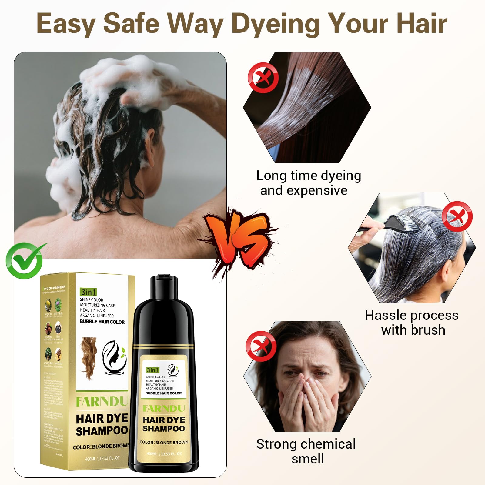 Herbal Hair Dye Shampoo for Gray Coverage, Color, Cleanse & Condition