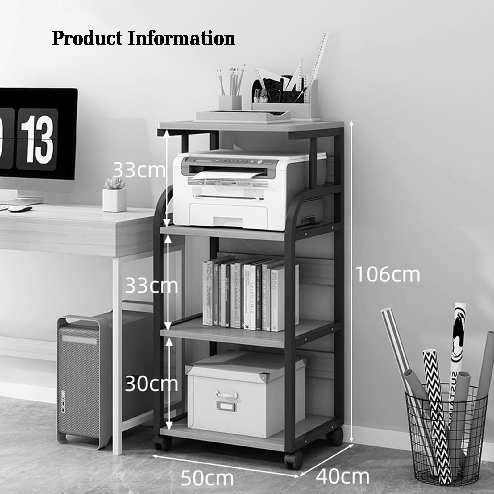 Druckerständer, 4-stufiger Home-Office-Schreibtisch-Organizer, bodenstehendes Lagerregal, Lagerregale aus Holztrennwänden for den Schreibtisch im Home-Office(Yellow)