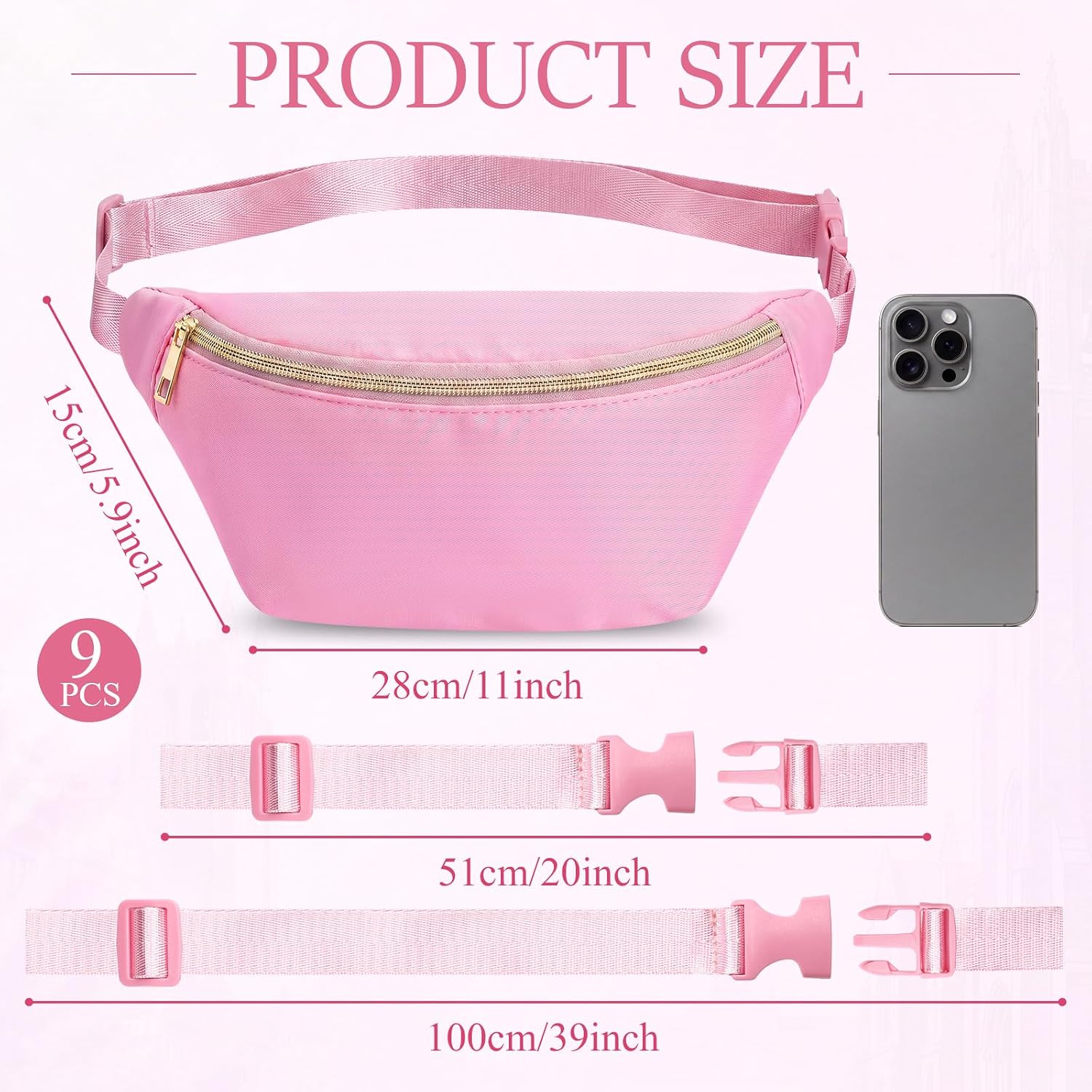 12Pcs Nylon Fanny Packs Crossbody Bag Belt Bag for Women,Pink