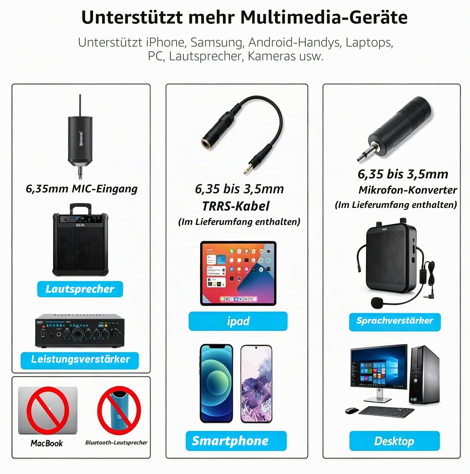 UHF Wireless Lavalier Lapel Microphone System, Kabelloses Lavalier-Mikrofon, Headset Mic, Interview Mic, Rechargeable RX and TX (Work 6hs), 165 ft Range, 1/4" Output, for iPhone, PA Speaker