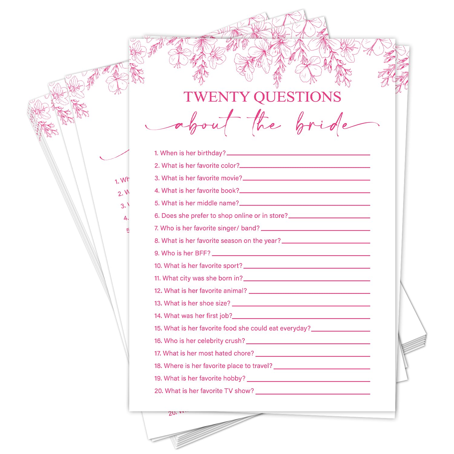 Tarjetas de juegos de despedida de soltera, veinte preguntas sobre la novia, actividad de juego de boda floral rosa para 25 invitados, suministros de fiesta de compromiso de despedida de