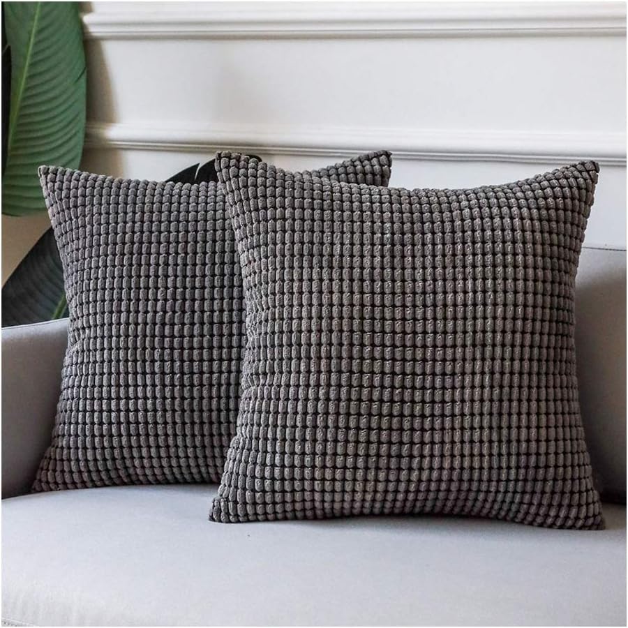 Azume Set of 2 Dark Grey Throw Pillow Covers for Couch Comfy Decorative Pillows Soft Couch Pillows for Living Room,18x18 Inch Comfortable Corduroy Corn Striped Euro Pillow Covers for Couch Sofa Bed