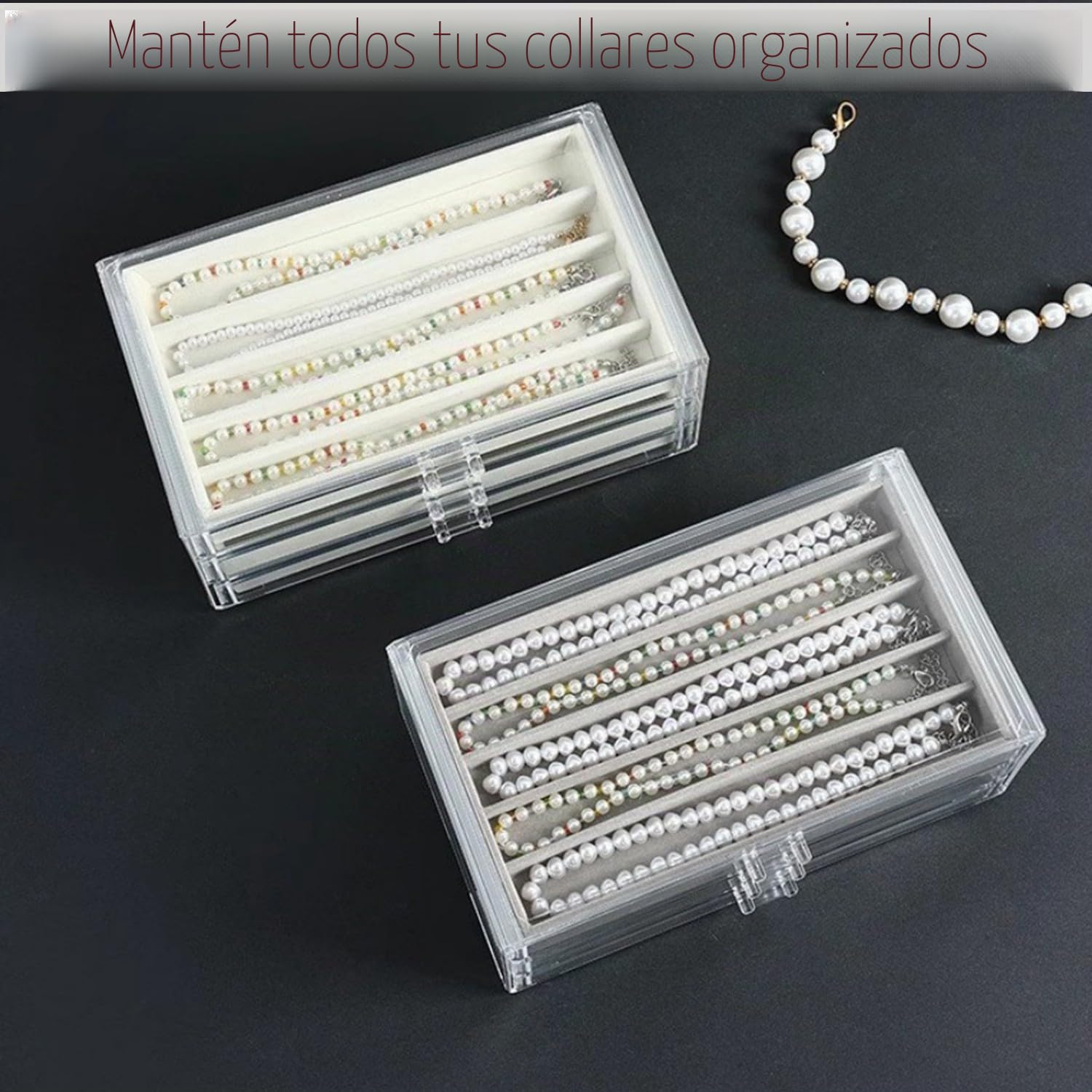 Caja de almacenamiento de collar, caja organizadora de acrílico con bandeja de terciopelo, soporte a prueba de polvo para mujeres y niñas (gris, 3 cajones)