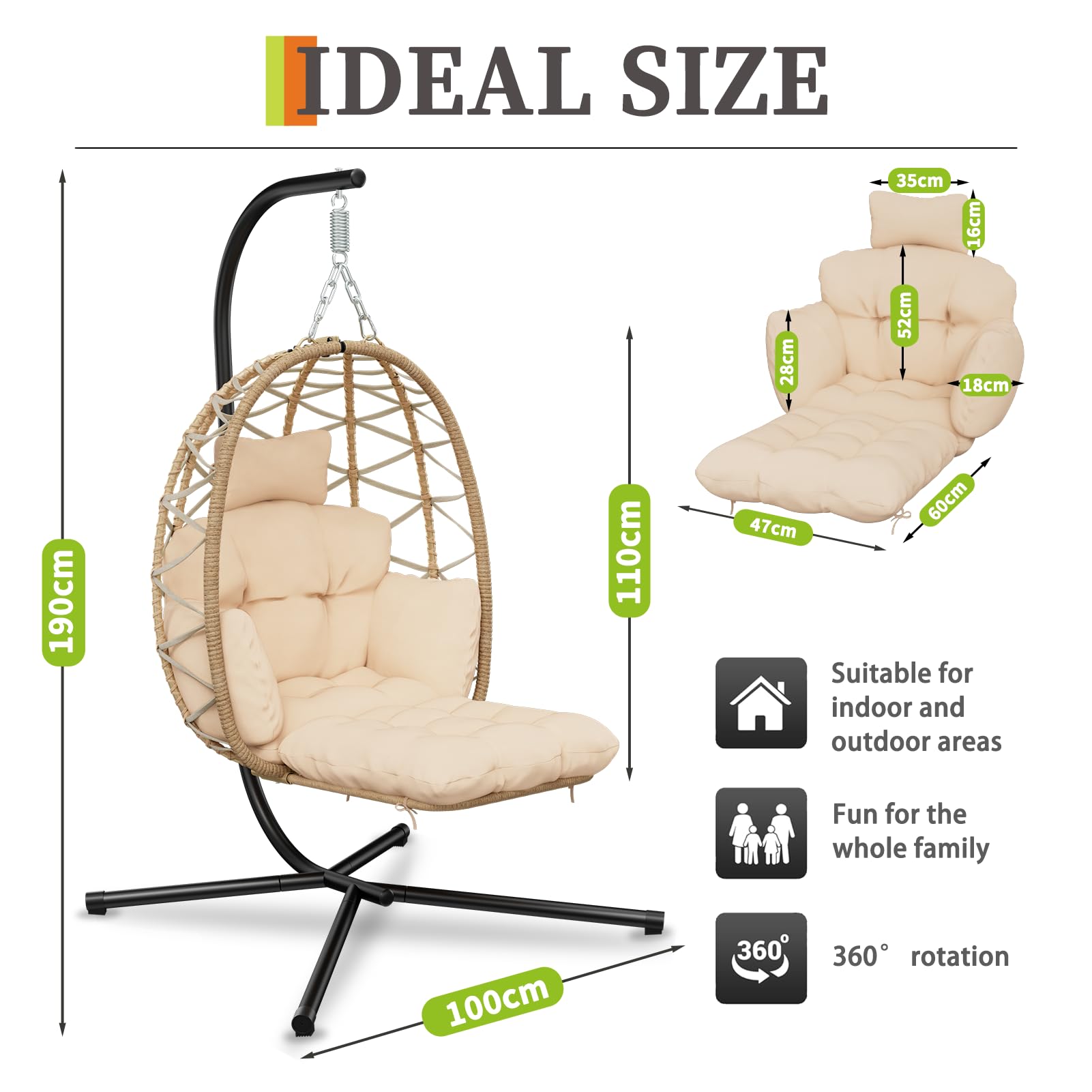 Silla colgante con estructura, cesta colgante con reposapiés y cojín grueso, sillón colgante de ratán, muebles para jardín, balcón, salón, soporta hasta 160 kg (beige)
