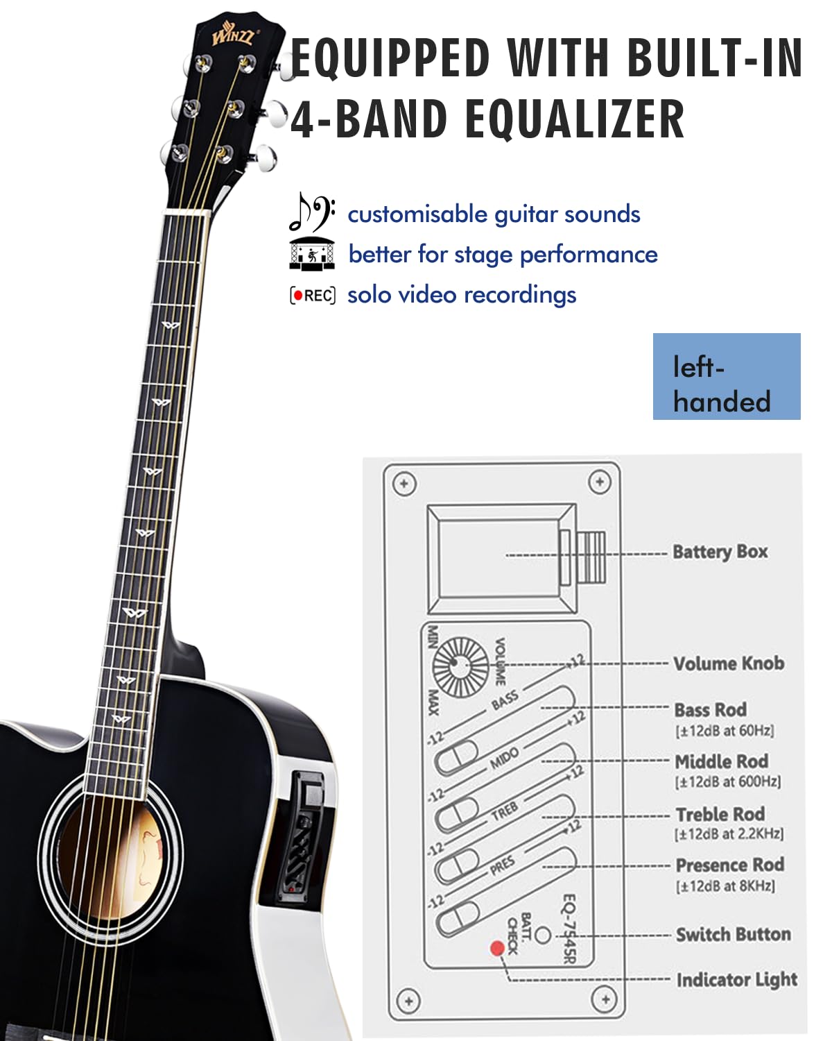 Winzz Guitare électro-acoustique folk 4/4 pour débutants et enfants à partir de 12 ans (gaucher noir)