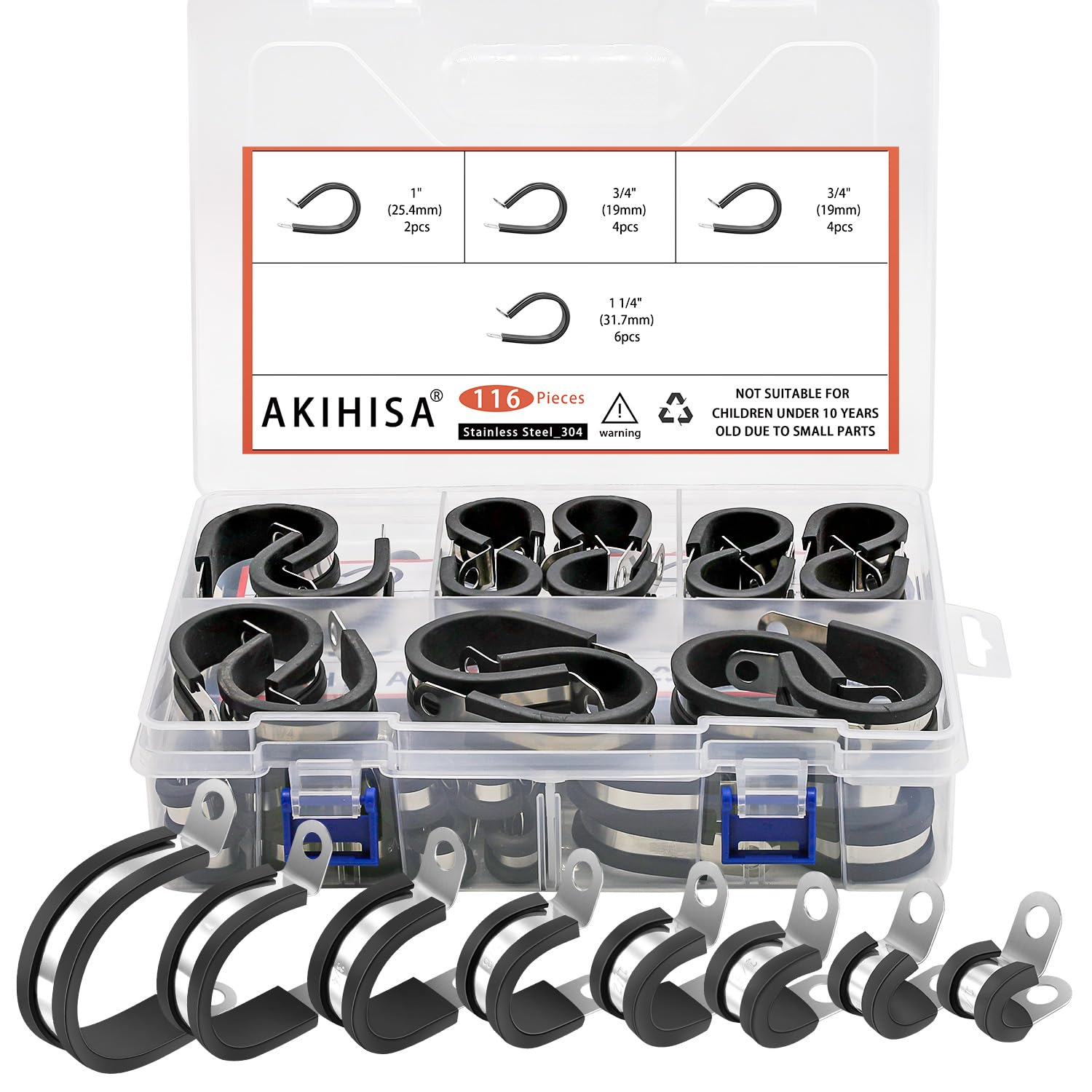 AKIHISA 116Pcs Kit 1/4"-1-1/4" 8Sizes Cable Clamps Kit, 304 Stainless Steel Conduit Clamps, for Cable, Pipe, Hose, Fuel Line, Metal Wire Cord