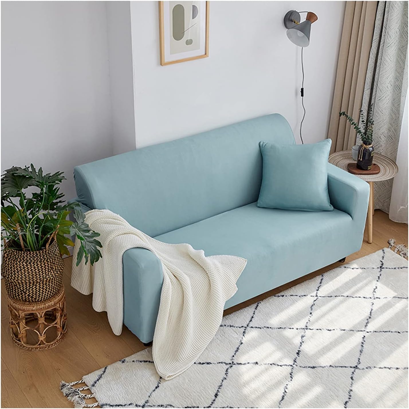Daesar Stretch Sofa Cover L Shape, Sofa Loveseat Covers for Living Room Solid Color Couch Slipcover Cyan (Polyester 2 Seater)