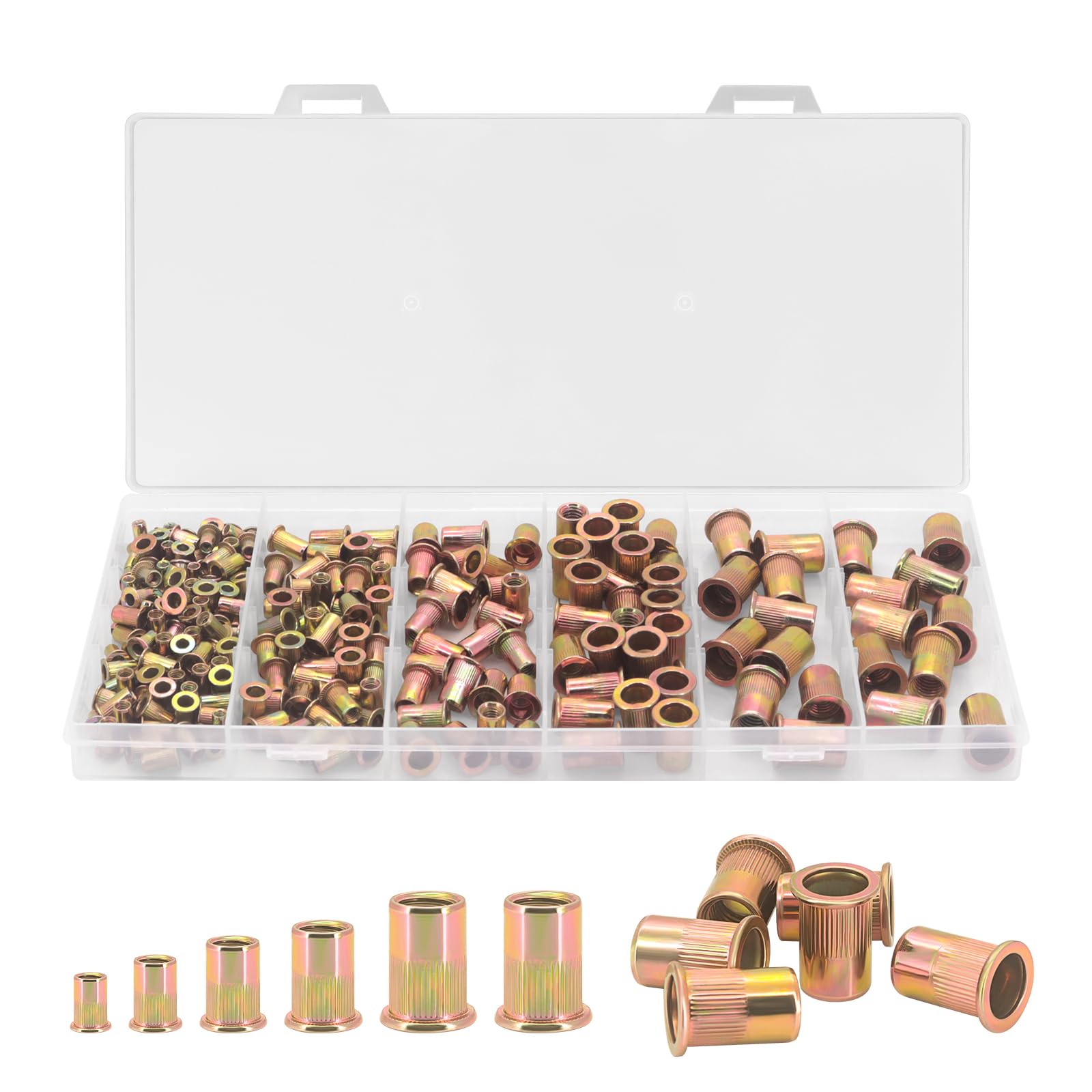 Yuhtech 220 Pcs Rivet Nuts, Zinc Plated Carbon Steel Flat Head Threaded Insert Nutsert, M3 M4 M5 M6 M8 M10 Rivnuts Assortment Set