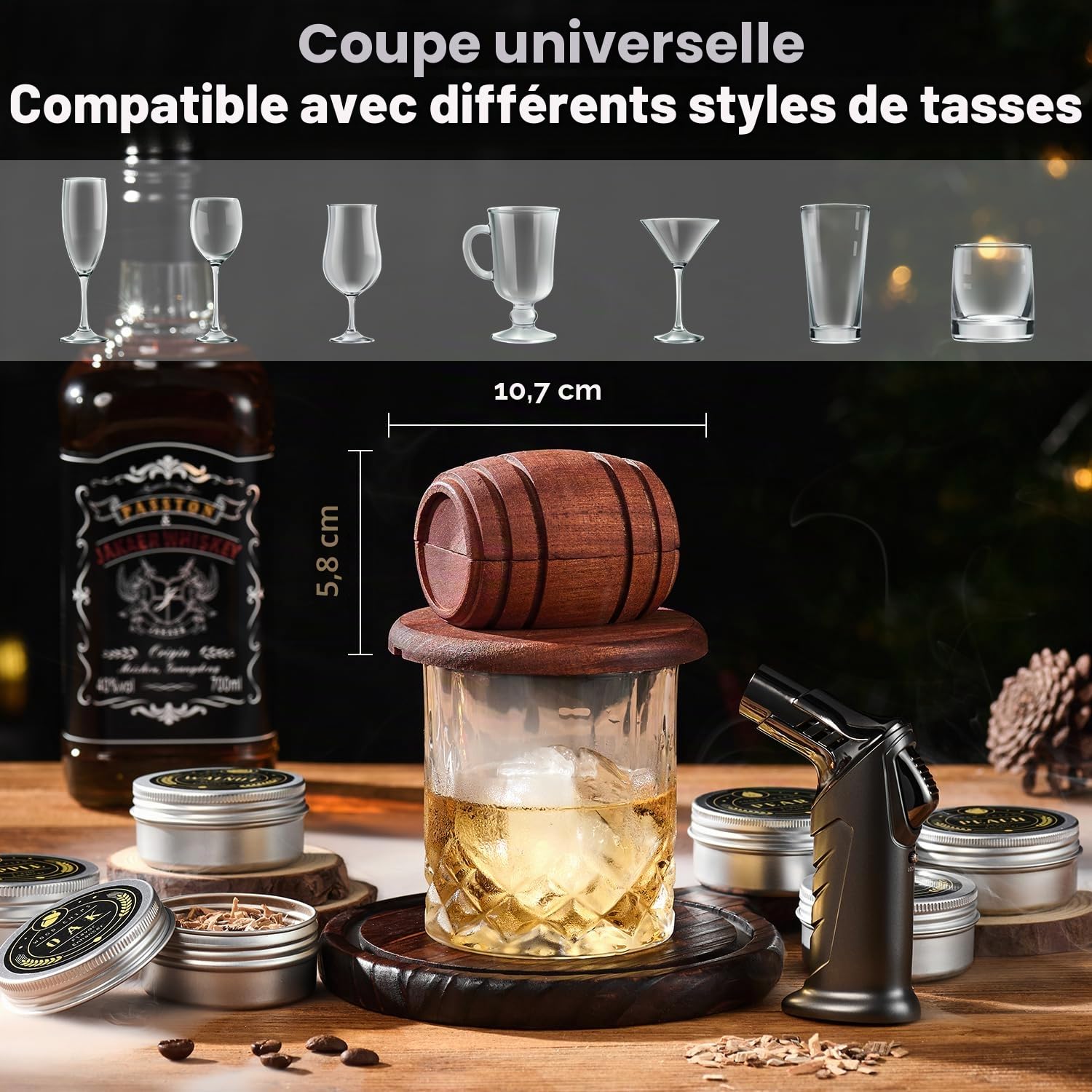 Kit de Fumoir pour Whisky avec Chalumeau - 6 Arômes de Copeaux de Bois, 2 Verres, 2 Moules à Glaçons Sphériques - Kit Fumoir Cocktail, Cadeau Homme