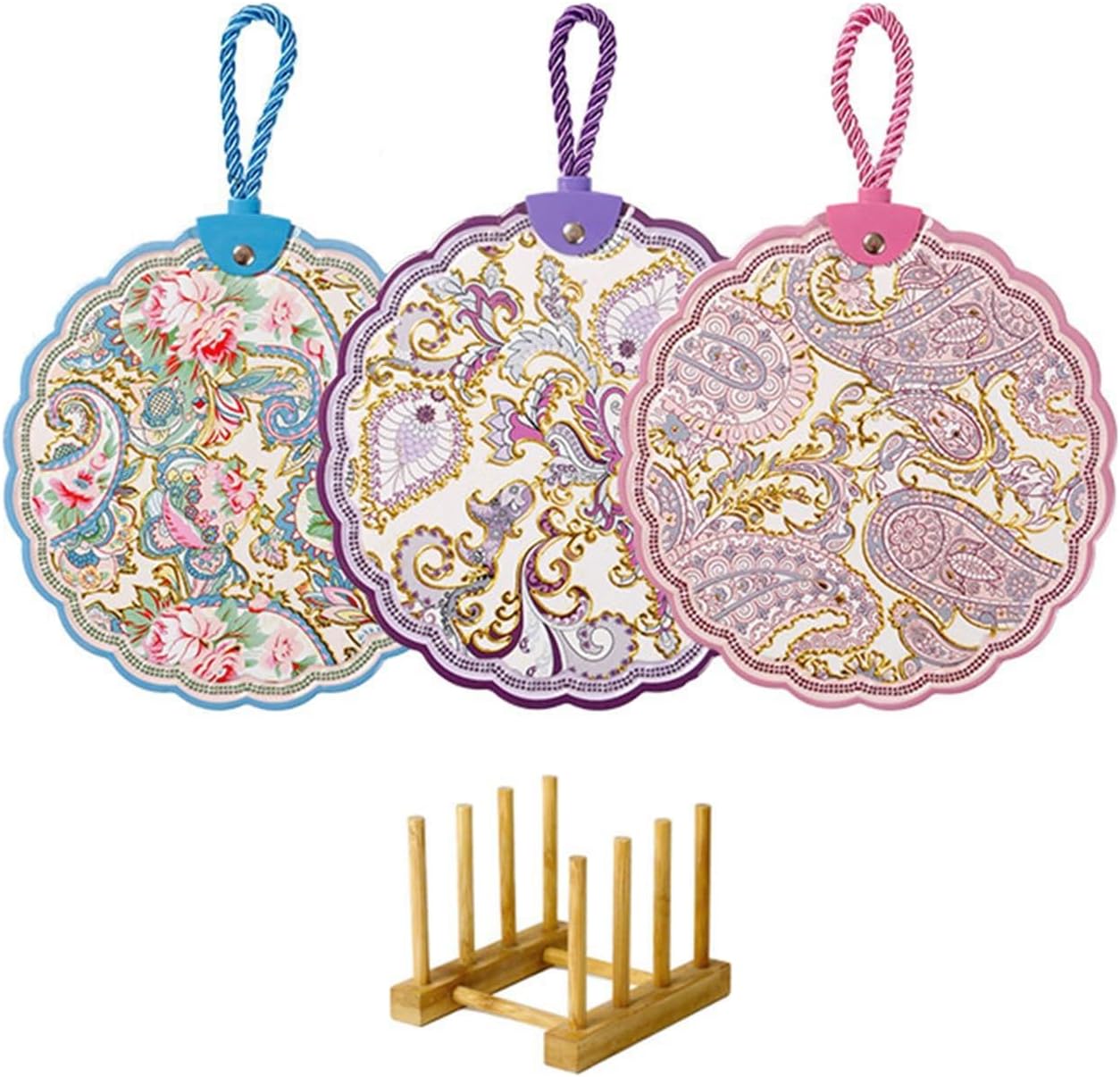 Luxury Gold Foil Ceramic Trivet with Cork Backing Heat Resistant Hot Pot Holder, Non-Slip Decorative Kitchen Table Protector, Vintage Bohemian Style (3 pc)