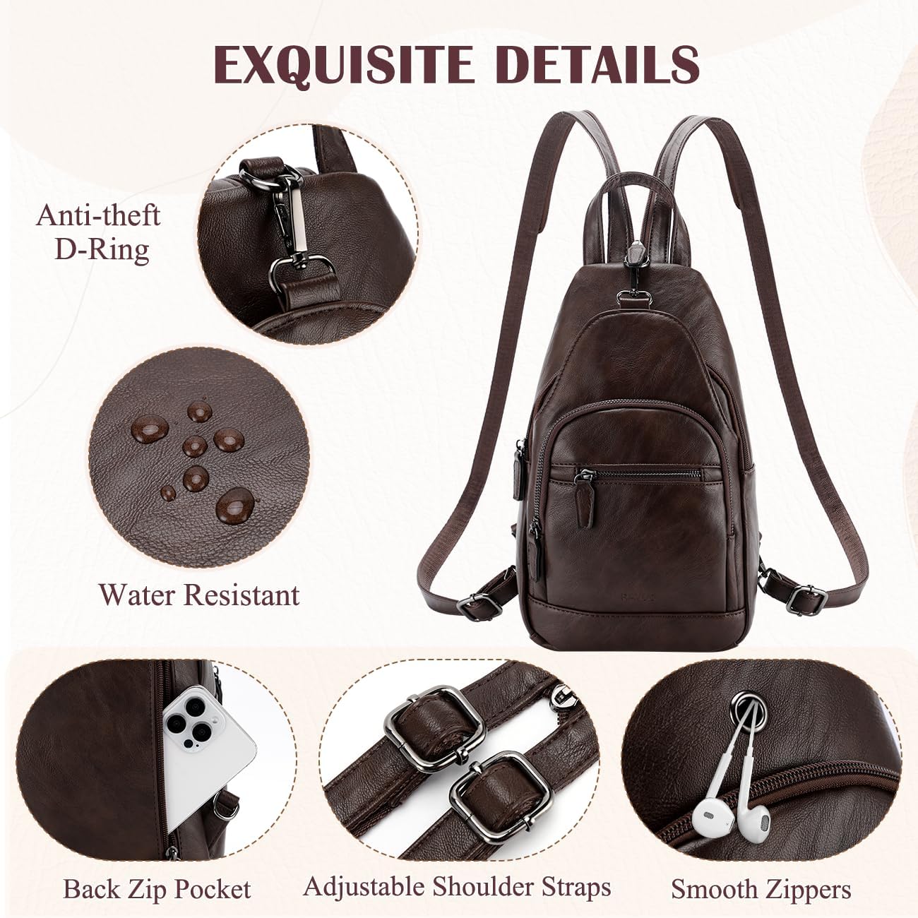 RAVUO Sling Bag for Women, Anti Theft Small Crossbody Backpack Purse Fashion PU Leather Ladies Convertible Daypack - Image 4
