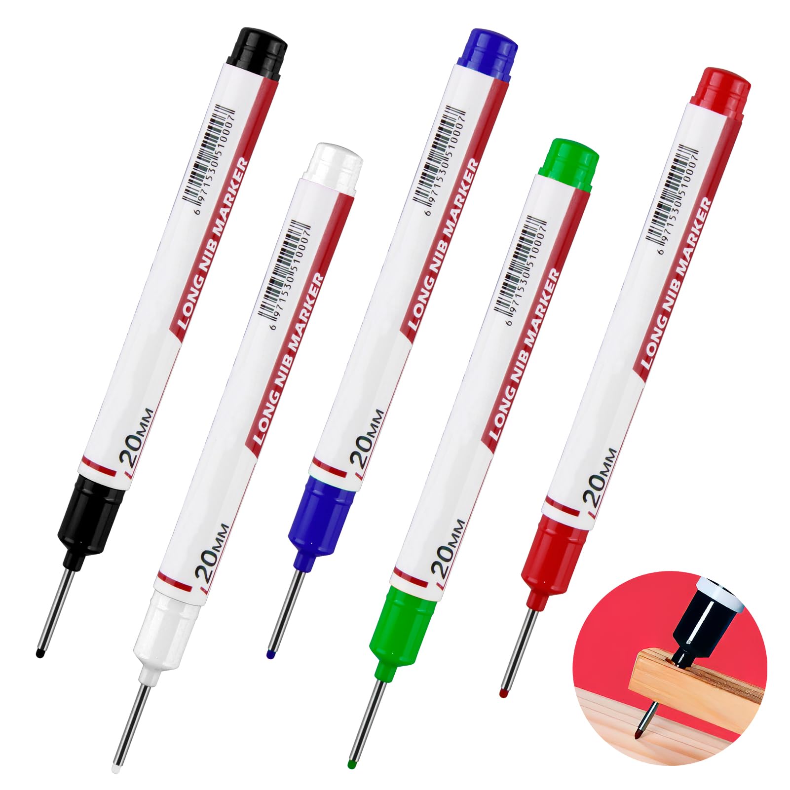 Juego de 5 Marcadores de Agujeros Profundos, Punta de 20mm, Marcadores para Madera, Plástico, Metal, Cartón, Herramientas de Marcado para Construcción (Negro, Azul, Rojo, Verde, Blanco)