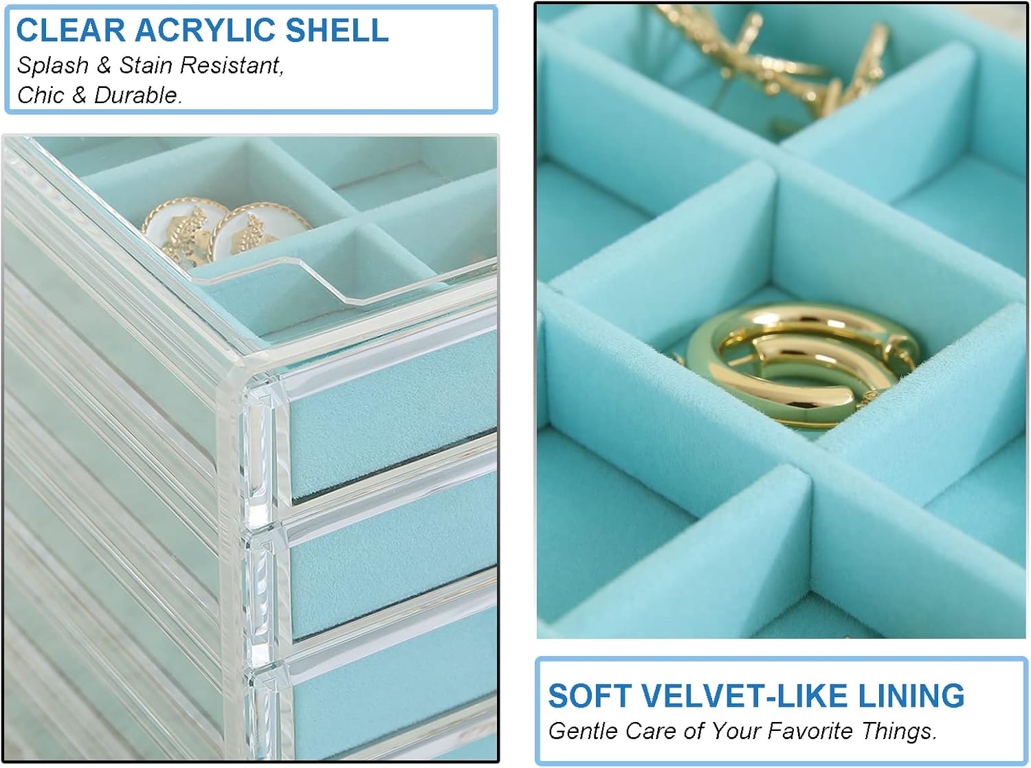misaya Earring Jewelry Organizer, 5 Drawers Clear Acrylic Jewelry Box for Women, Velvet Earring Display Holder for Earrings Ring Bracelet Necklace, Birthday Present, Turquoise