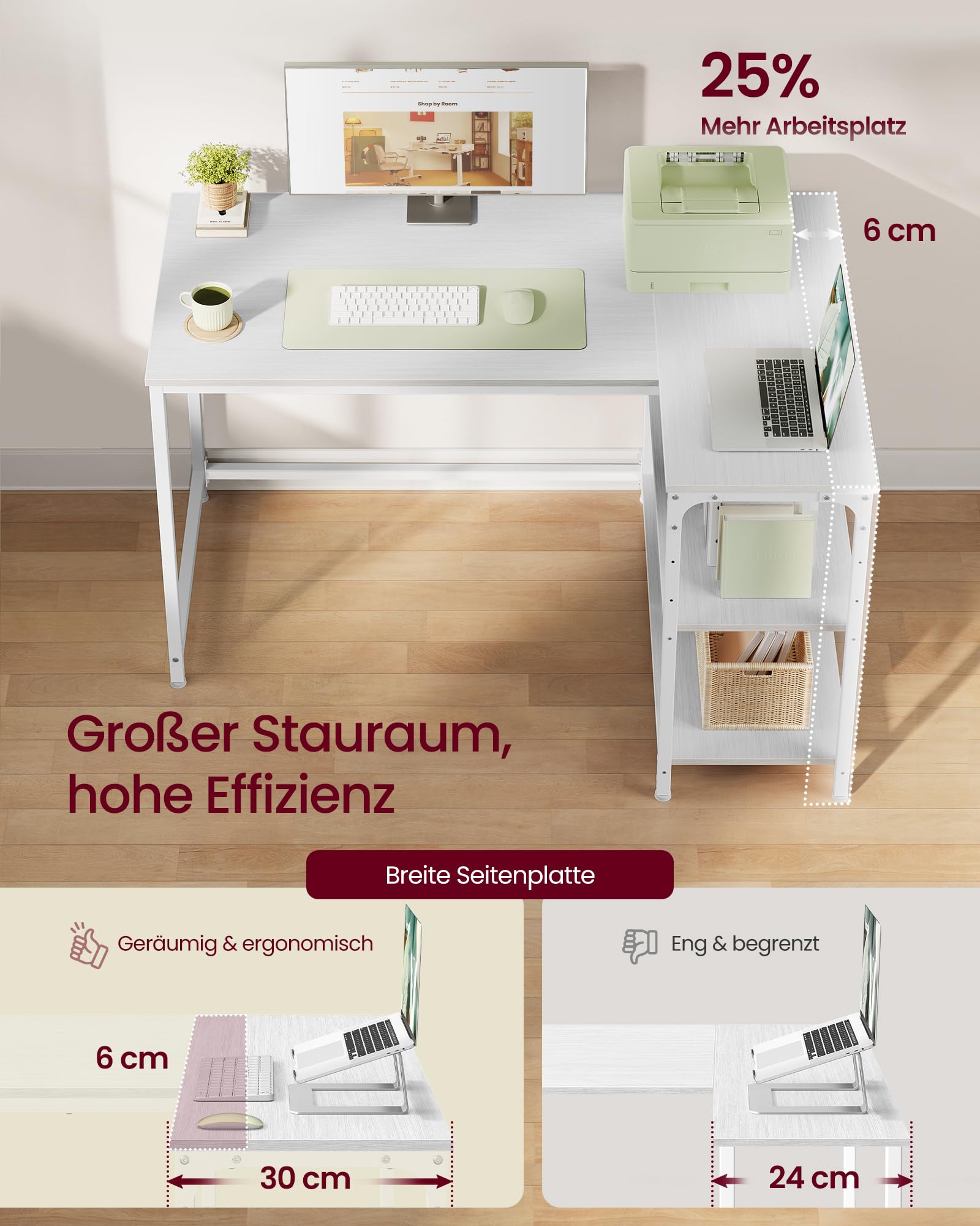 VASAGLE Eckschreibtisch in L-Form, Computertisch mit Stauraum, Bürotisch, höhenverstellbare Ablage, für Homeoffice, 110 x 80 cm, ahornweiß LWD135WF01