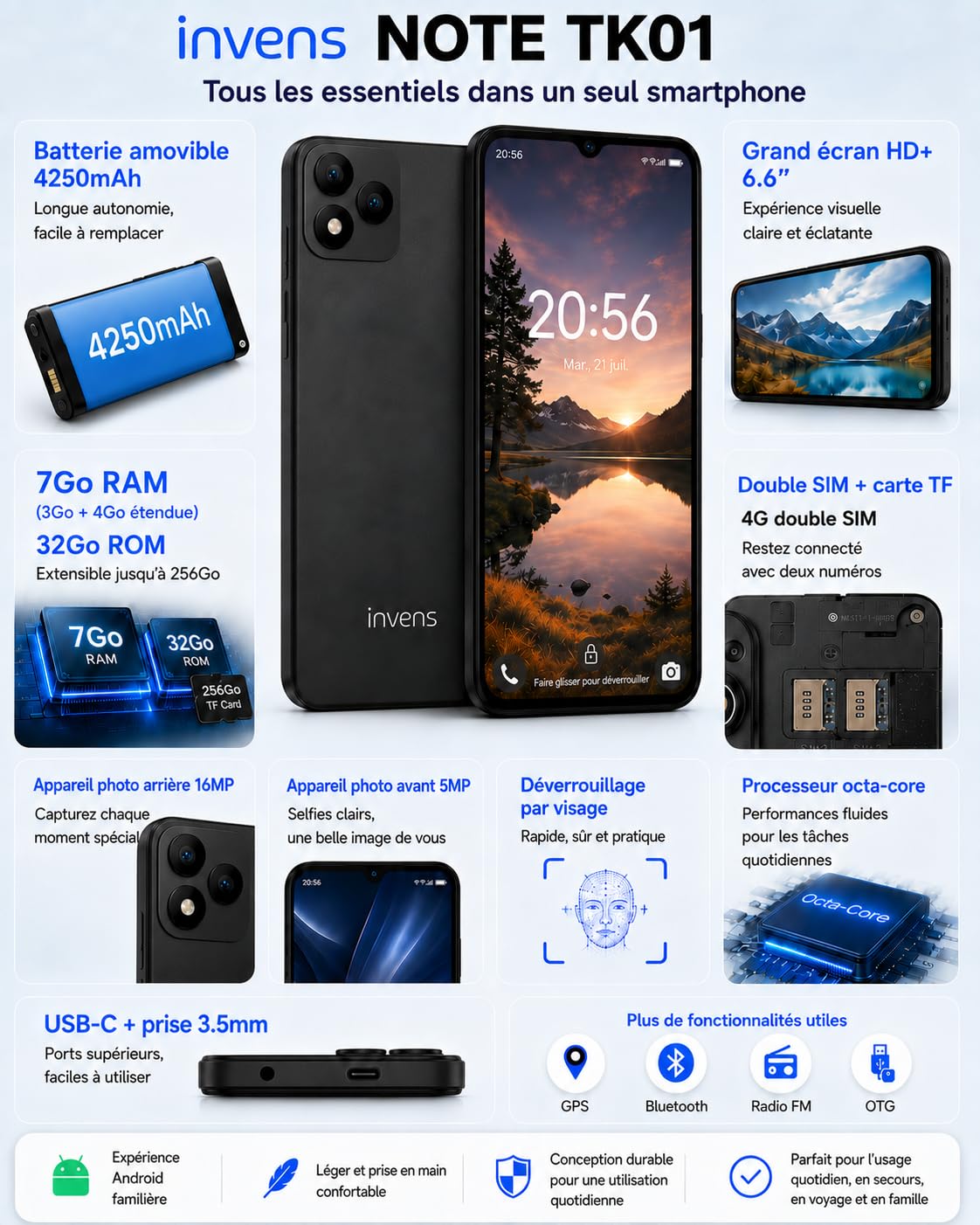 invens Note TK01 Téléphone Portable 4G débloqué, 7 Go RAM, 32 Go, HD+, Noir | Écran 6,5 pouces, batterie amovible 4250 mAh, double SIM, Face ID, caméra 16 MP, USB-C, jack 3,5 mm et extension TF à 256 Go.