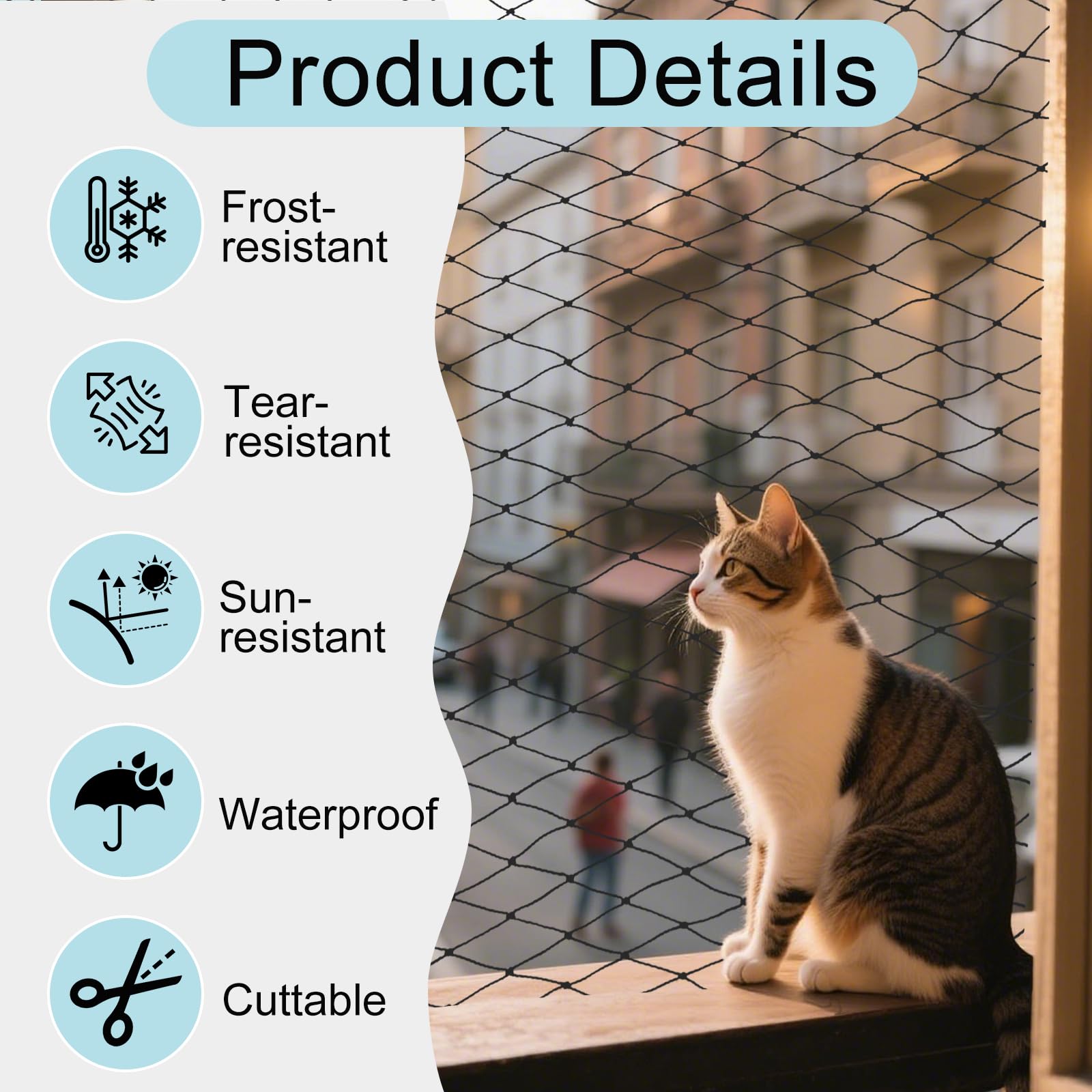 Filet pour chat pour balcon - Sans perçage - Crochet adhésif à encre - Colle en silicone et serre-câbles en nylon - 3 x 5 m - Renforce sans perçage et résistant aux intempéries - Facile à utiliser