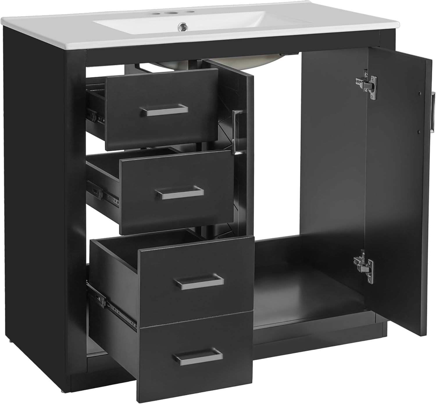 Vanity with all drawers and cabinet doors open