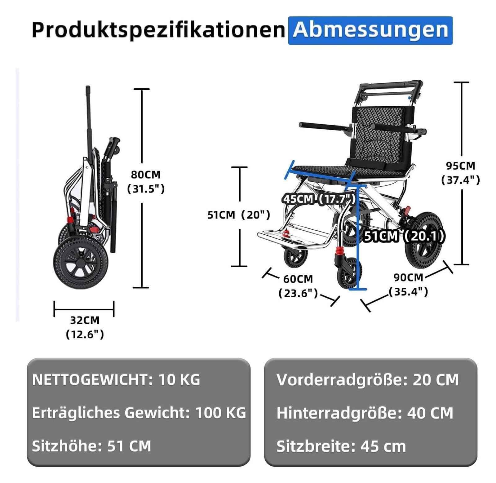 Sedia a rotelle da Viaggio，Sedie Pieghevoli， Sedia a rotelle Pieghevole in Alluminio Leggero con braccioli reversibili Rollator Pieghevole e Leggero