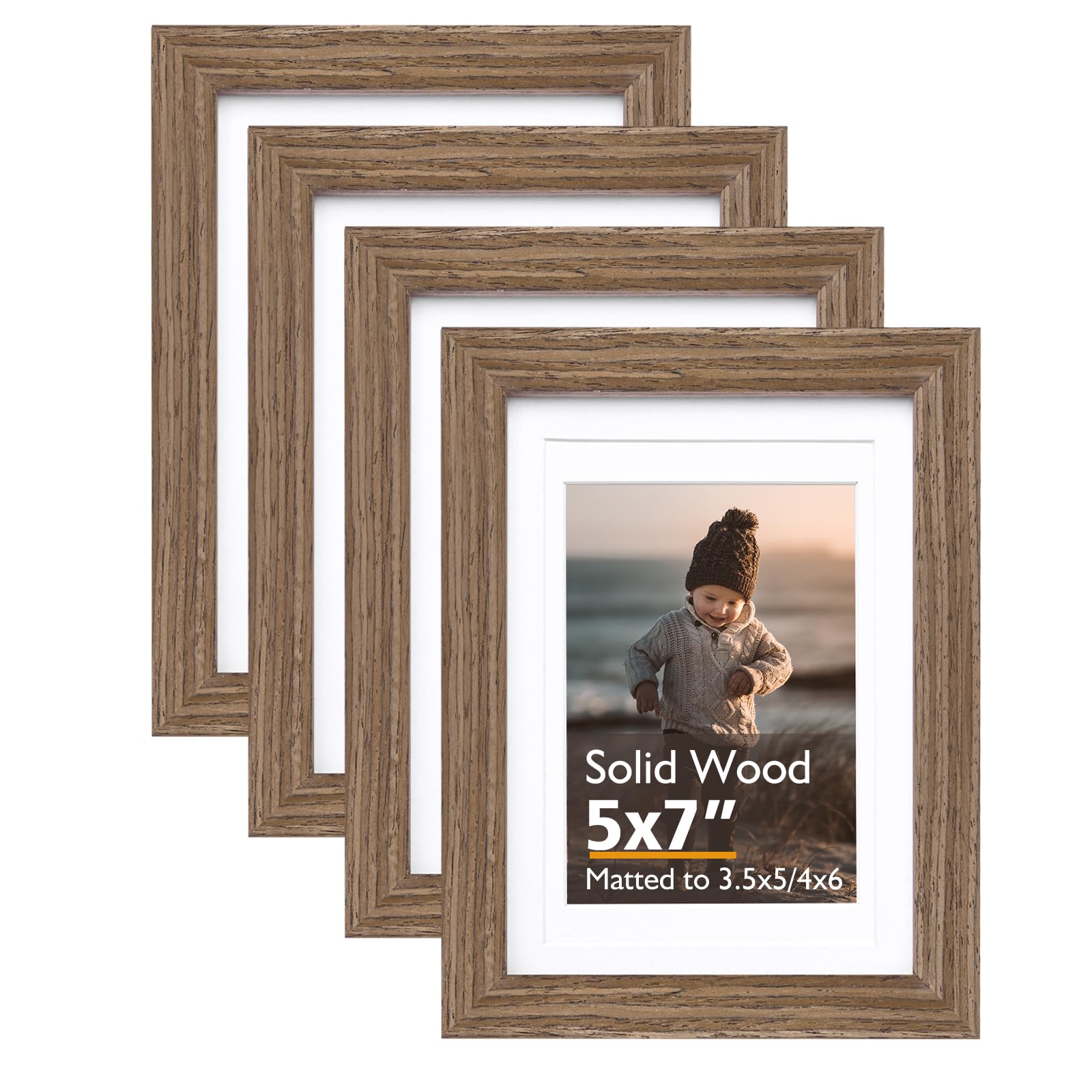KINLINK 5x7 Picture Frame Brown Wood, Solid Wood Frames with Acrylic Plexiglass for 3.5x5/4x6 with Mat or 5x7 without Mat, Tabletop and Wall Display