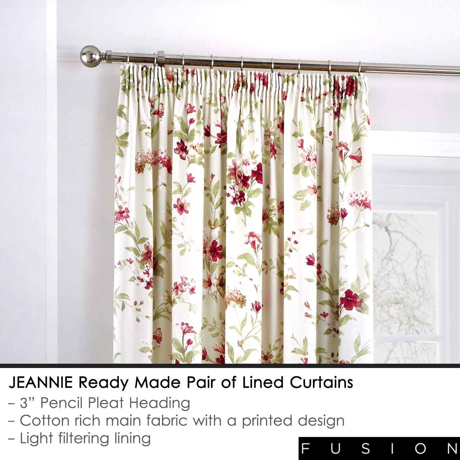 Fusion – Jeannie – Copricuscino., 100% Cotone, Red, 66" Width x 72" Drop (168 x 183cm)