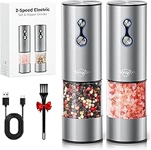 Sangcon Rechargeable Salt and Pepper Mill Set, 2 Speed Control, Stainless Steel Automatic Electric Pepper Mill with Dust Cover, 2 LED Lights, Adjustable Grain (Silver)