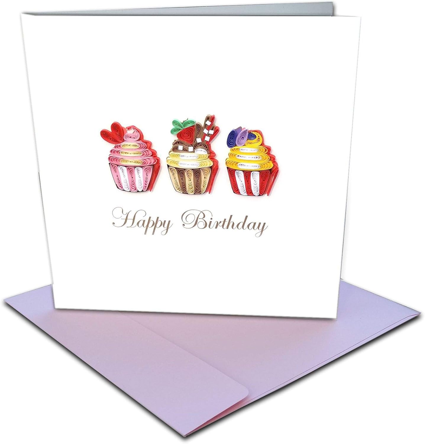 Happy Birthday Cup Cake Trio Quilling Greeting Card, 6x6 with Envelope. Blank Inside. Hand-made. Suitable for Framing.