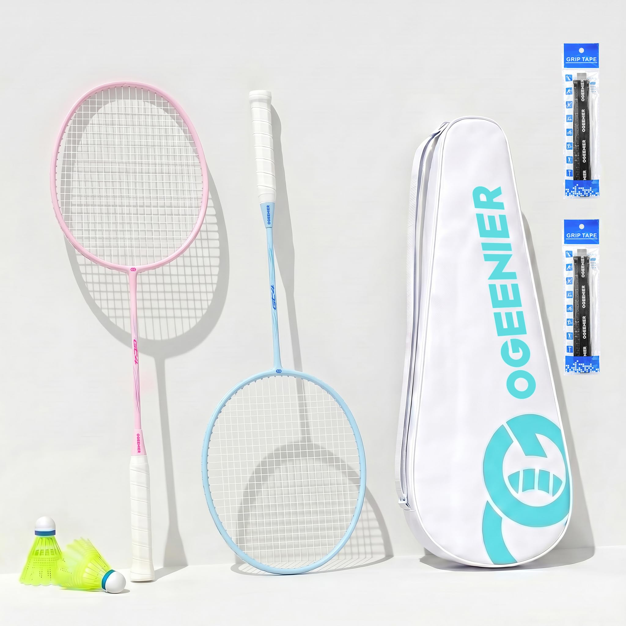 OGEENIER Badminton Rackets Set of 2, Lightweight Badminton Set for Backyards, Includes 2 Shuttlecocks, 2 Overgrips Replacemnet, 1 Carrying Bag