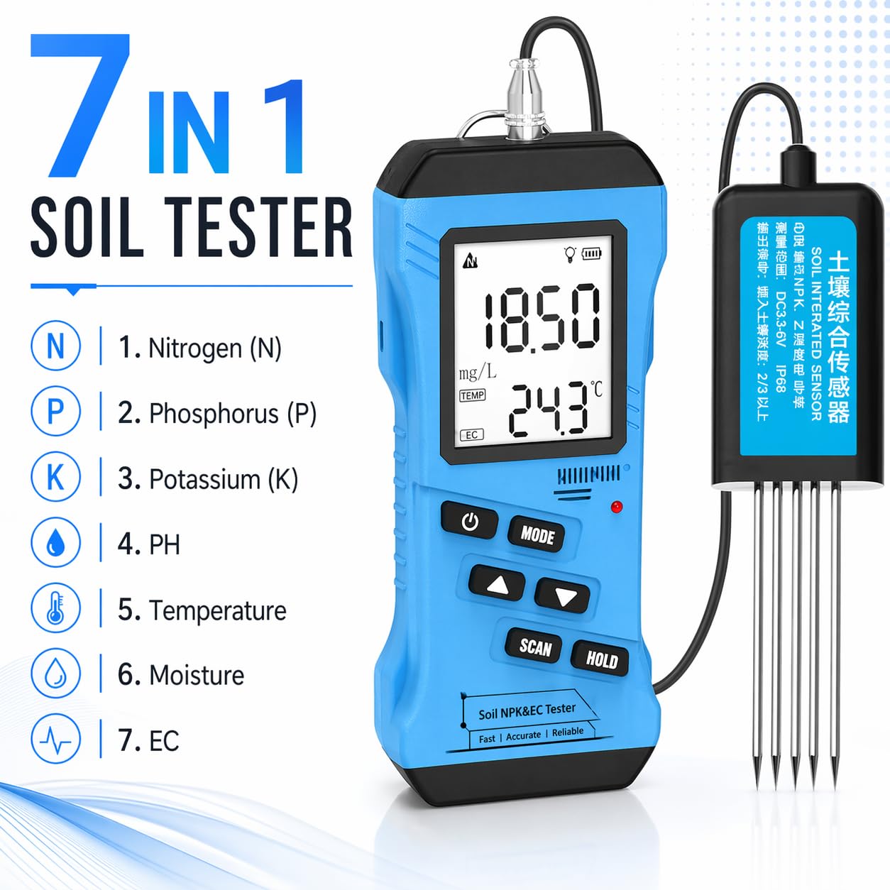 Probador de suelo 7 en 1, NPK, pH, humedad, medidor EC, digital de alta precisión para jardín, césped, granja, prueba de fertilidad del suelo de plantas