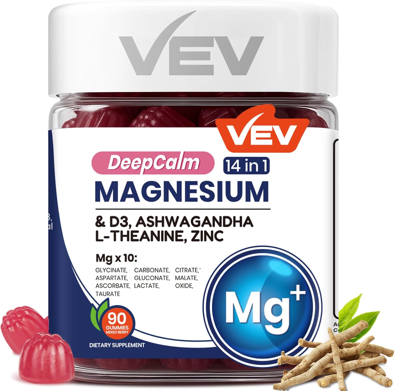 VEV DeepCalm 14-in-1 Magnesium Complex Gummies – with Ashwagandha, L-Theanine, D3 & Zinc – Cortisol Supplements for Women – 90 Sugar-Free Vegan Magnesium Glycinate Complex Gummies