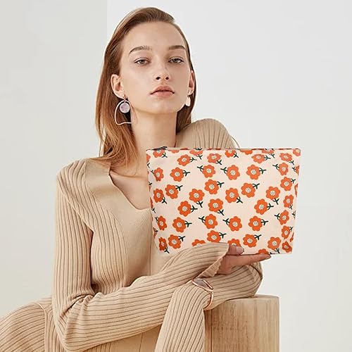 Miniatura 6 de Wudimeitt Bolsa de cosméticos Bolsa de maquillaje Preppy Cute Corduroy Neceser para mujeres esenciales de viaje, flor naranja, Cara de moda