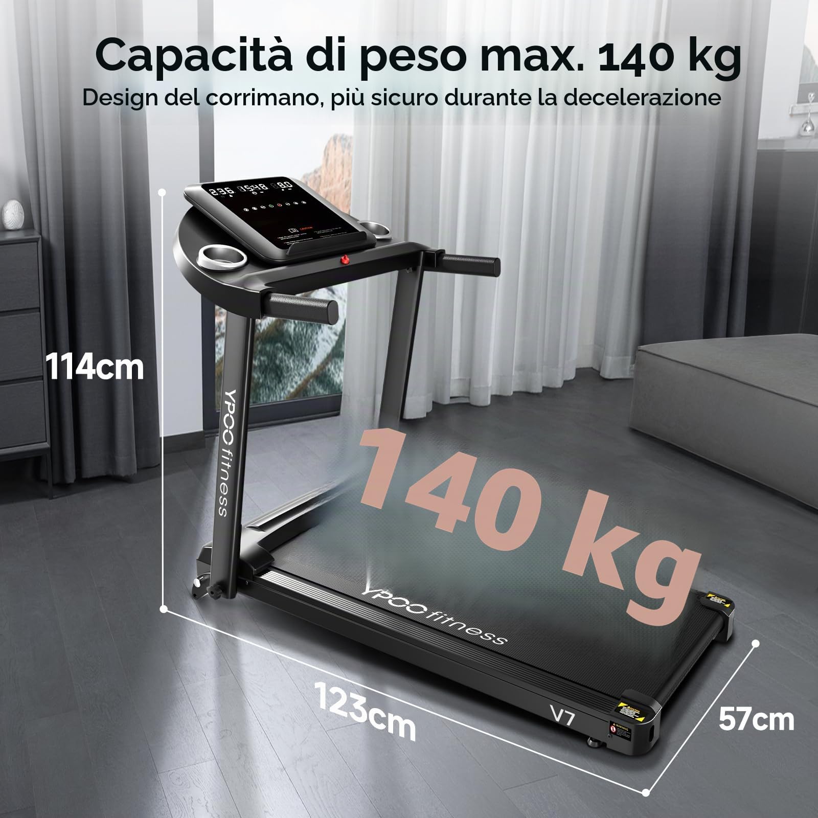 YPOO Tapis roulant per casa, tapis roulant pieghevole con inclinazione dell'8%, pedana per camminare 12 km/h, tapis roulant pieghevole a basso rumore con ampia area di corsa, capacità 140 kg