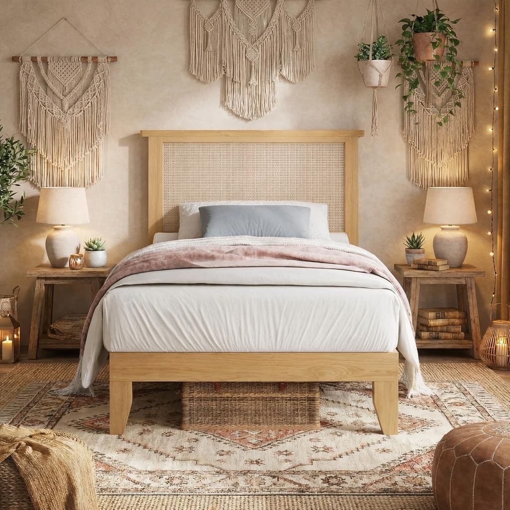 Photo 1 of ***UPDATED 5/22*** IDEALHOUSE Rattan Bed Frame King Size with Natural Rattan Headboard & LED Lights, Wood King Bed Frame with Solid Wood Foundation, No Box Spring Needed, Natural