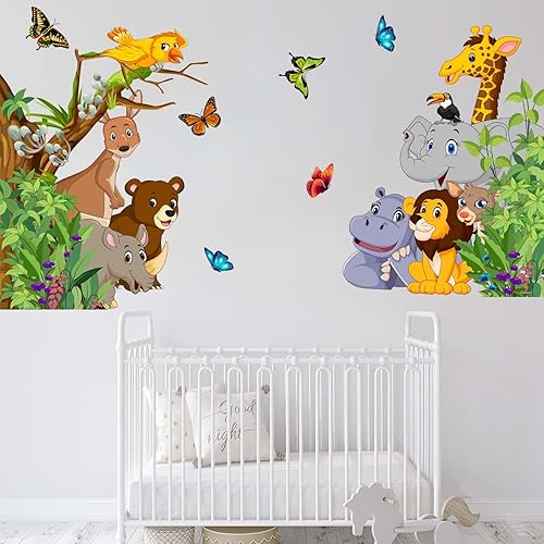Miniatura 2 de Amimagen Calcomanías de pared de animales de bebé del bosque, elefante, jirafa, león, hipopótamo, canguro, oso, rinoceronte, calcomanías de pared