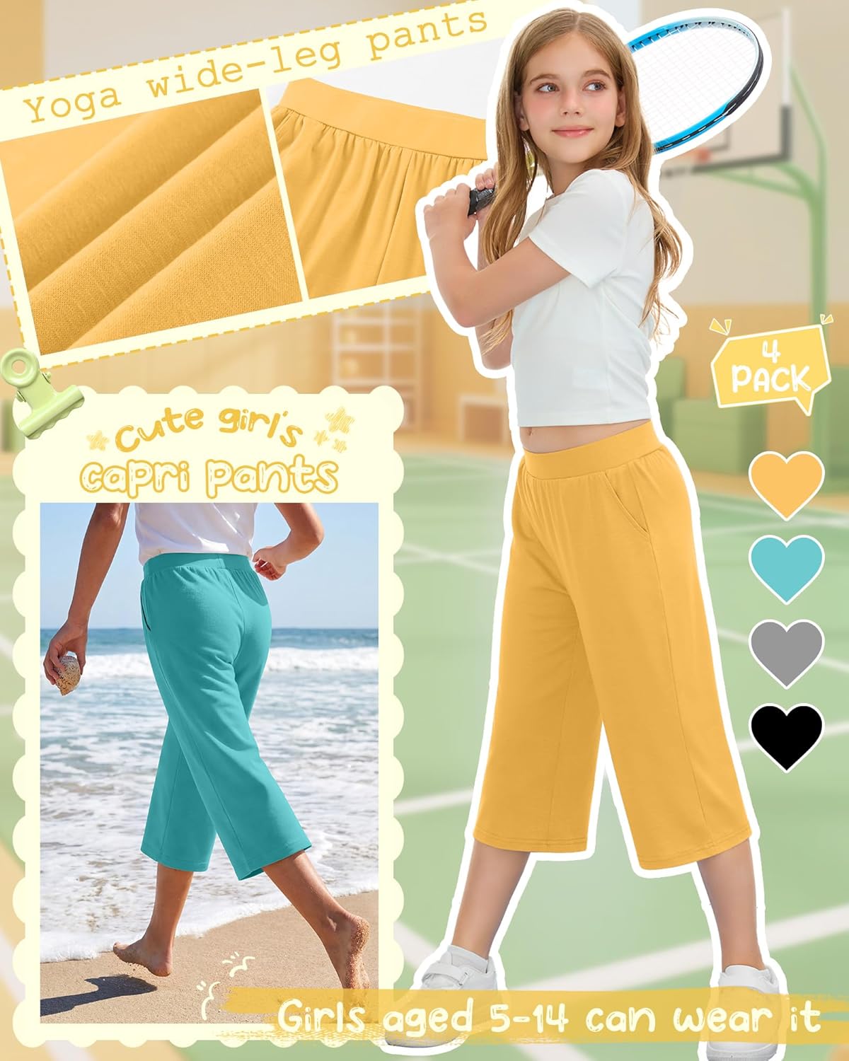 4 Pack Girls' Capri Pants Wide Legs Capris with Pockets Elastic Waist Workout Yoga Pants Loose Sweatpants for Kids
