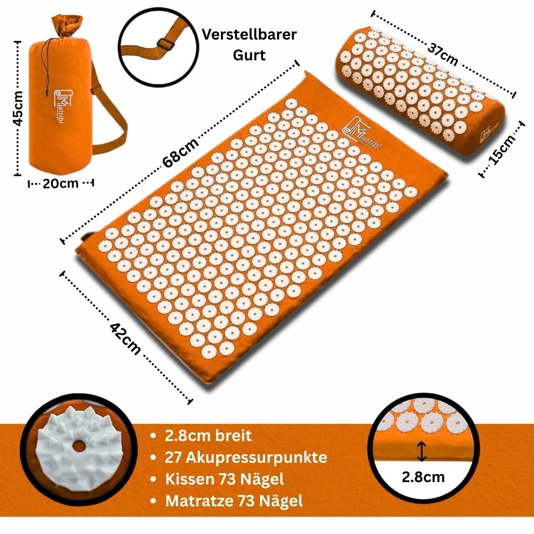 Akupressurmatte mit kissen für Massage & Schmerzlinderung [Das Original], Orange Nadelmatte Set zur Entspannung für Nacken, Rücken, Füße | Yantramatte, Stachelmatte für Meditation