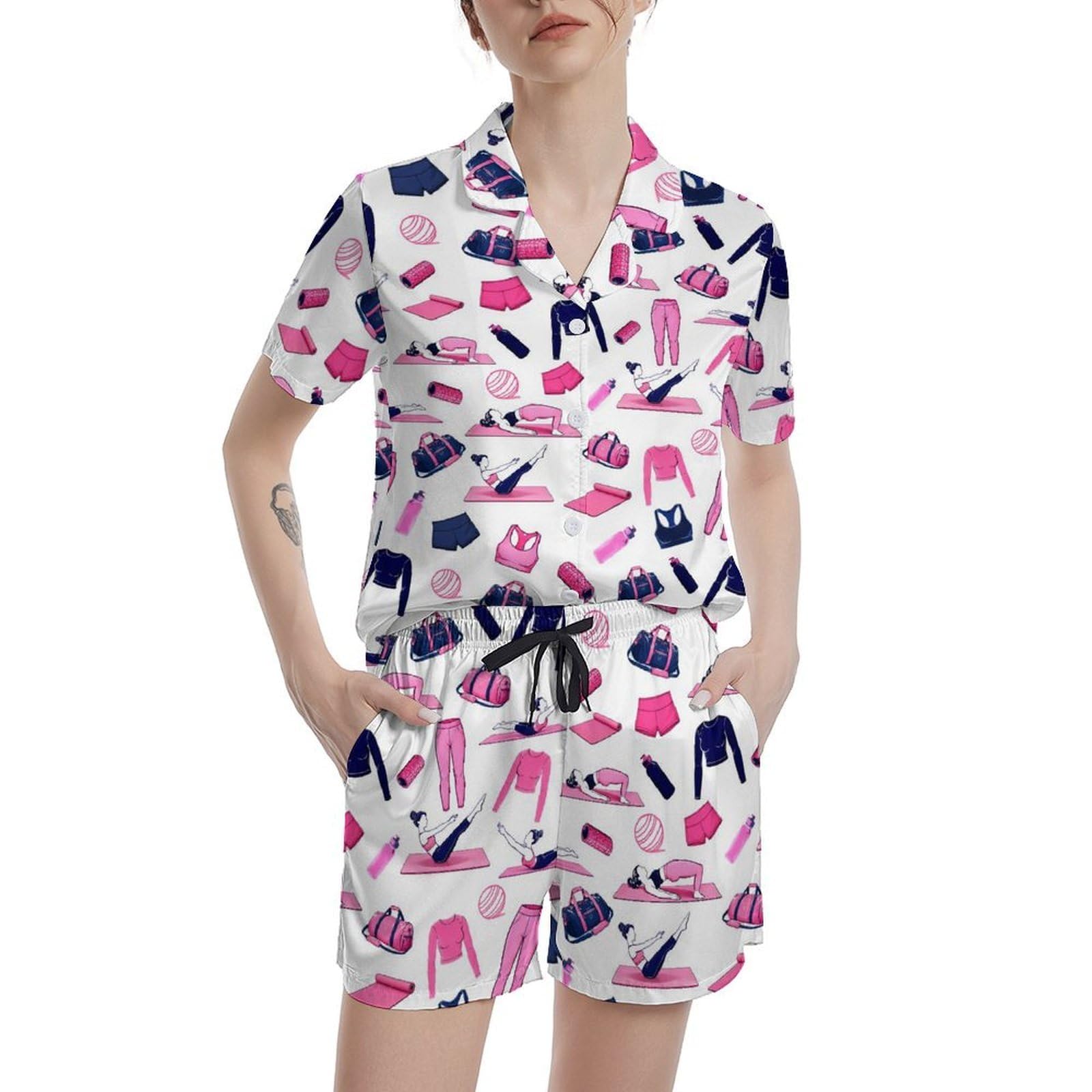 Funny Pajamas for Women Set Print Satin Loungewear Pjs Short Sleeve Button Down Top and Shorts Sets Sleepwear XS-3XL