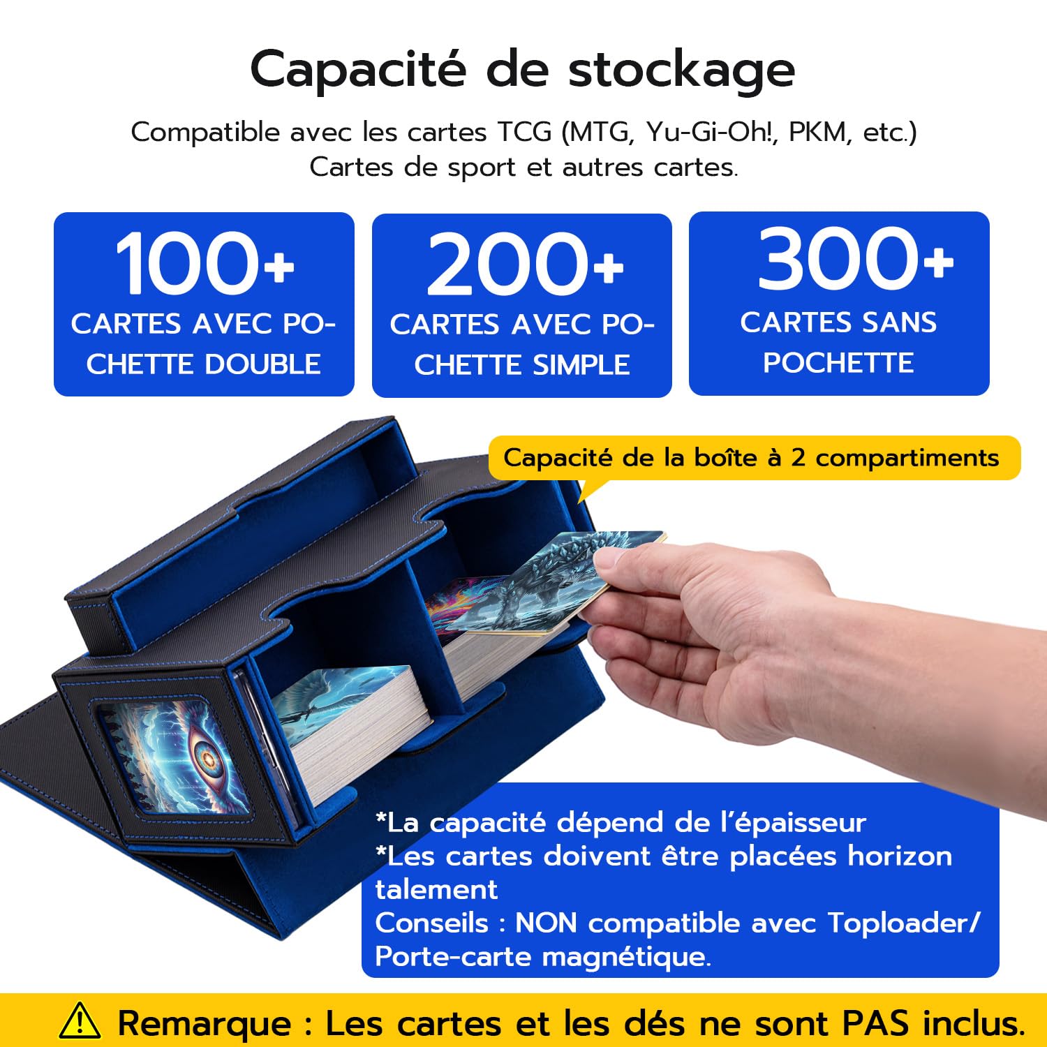 Boîte à Cartes Double Couche pour MTG, avec Tiroir pour Dés, 2 Fenêtres D'affichage Latérale, Magnetic Deck Box Contenir à 300+ Cartes pour Commander TCG Cartes à Collectionner - Bleu Noir