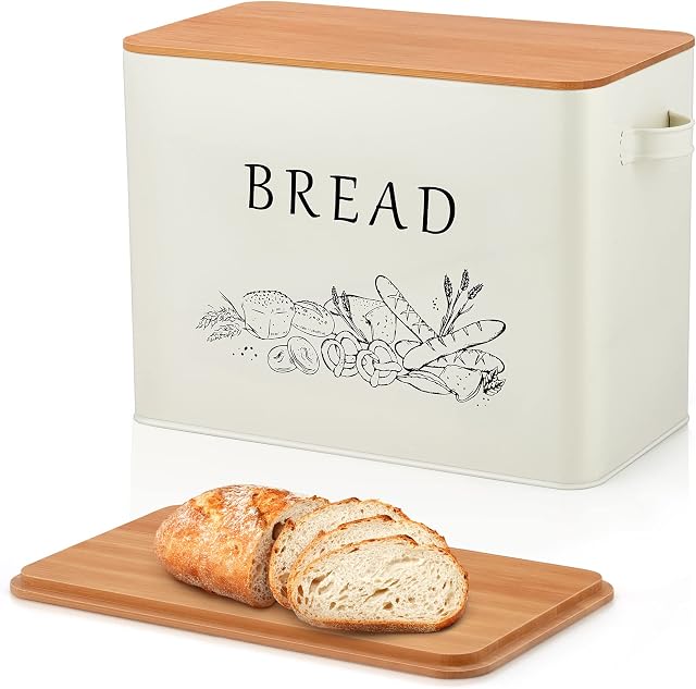 Bread Bin, Joyfair Metal Bread Box with Bamboo Cutting Board Lid, Extra Large Off-white Bread Holder for Kitchen Countertop, Bread Storage Container Bin fit 2 Loaves, Space Saving & Farmhouse Style