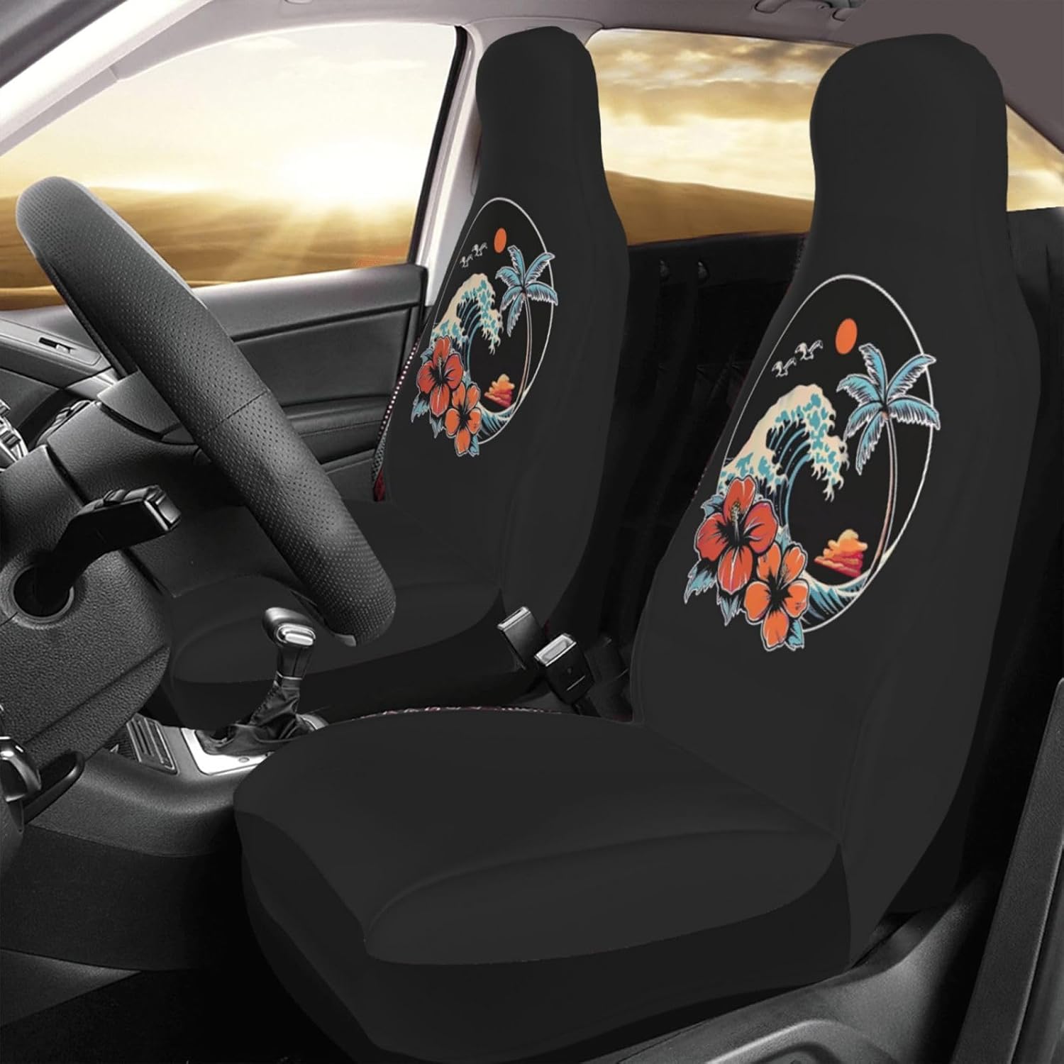 Retro Sunset Beach Car Seat Covers 2 Pcs Set Vehicle Front Seats Protector Auto Interior Accessories Protetors Car Mat Covers Universal fit for Cars Trailer RV SUVs Trucks Vans