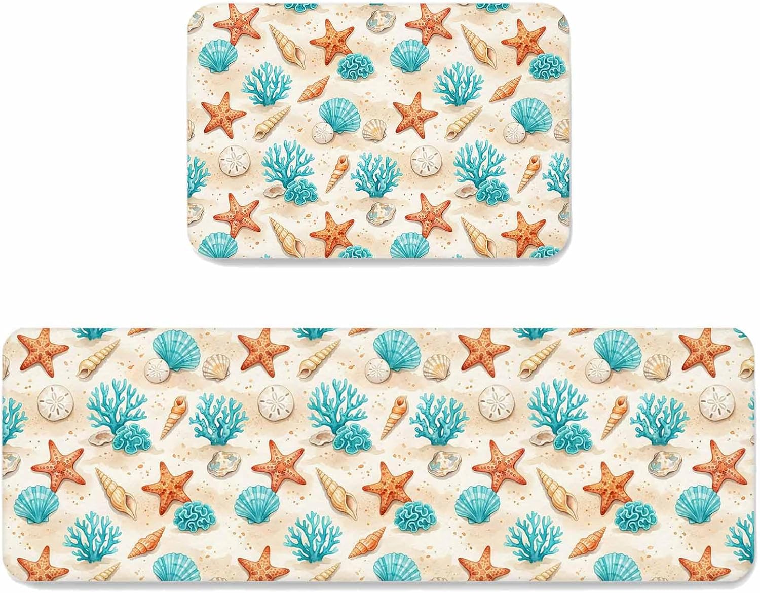 Prime Leader Bohemian Tropical Beach Kitchen Mat Set 2 Pieces Nautical Teal Coral Shell Orange Starfish Non Slip Kitchen Rugs Washable Runner Rug Mats for Sink Laundry (19.7" x 31.5"+19.7" x 47.2")