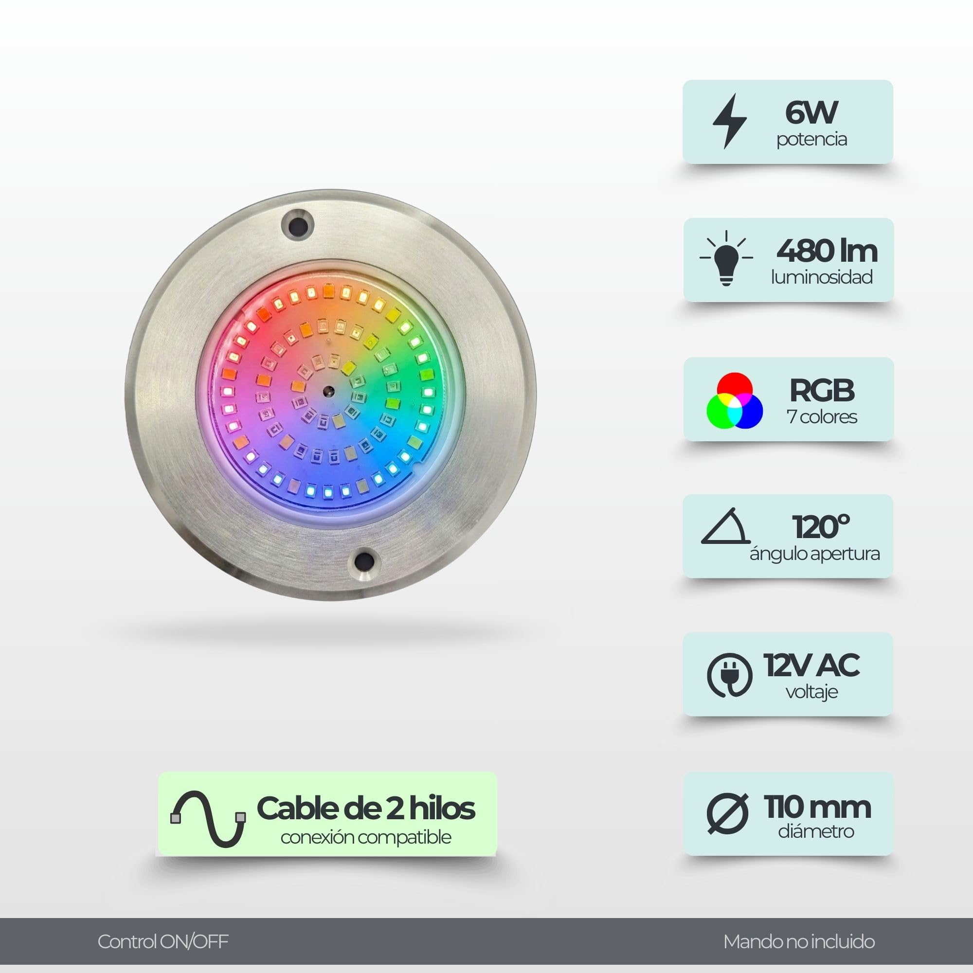 SWIMHOME Warmpool Foco LED Mini Piscina Extraplano, Relleno de Resina, Acero Inoxidable, RGB, Ø11 cm, 6W 12V AC