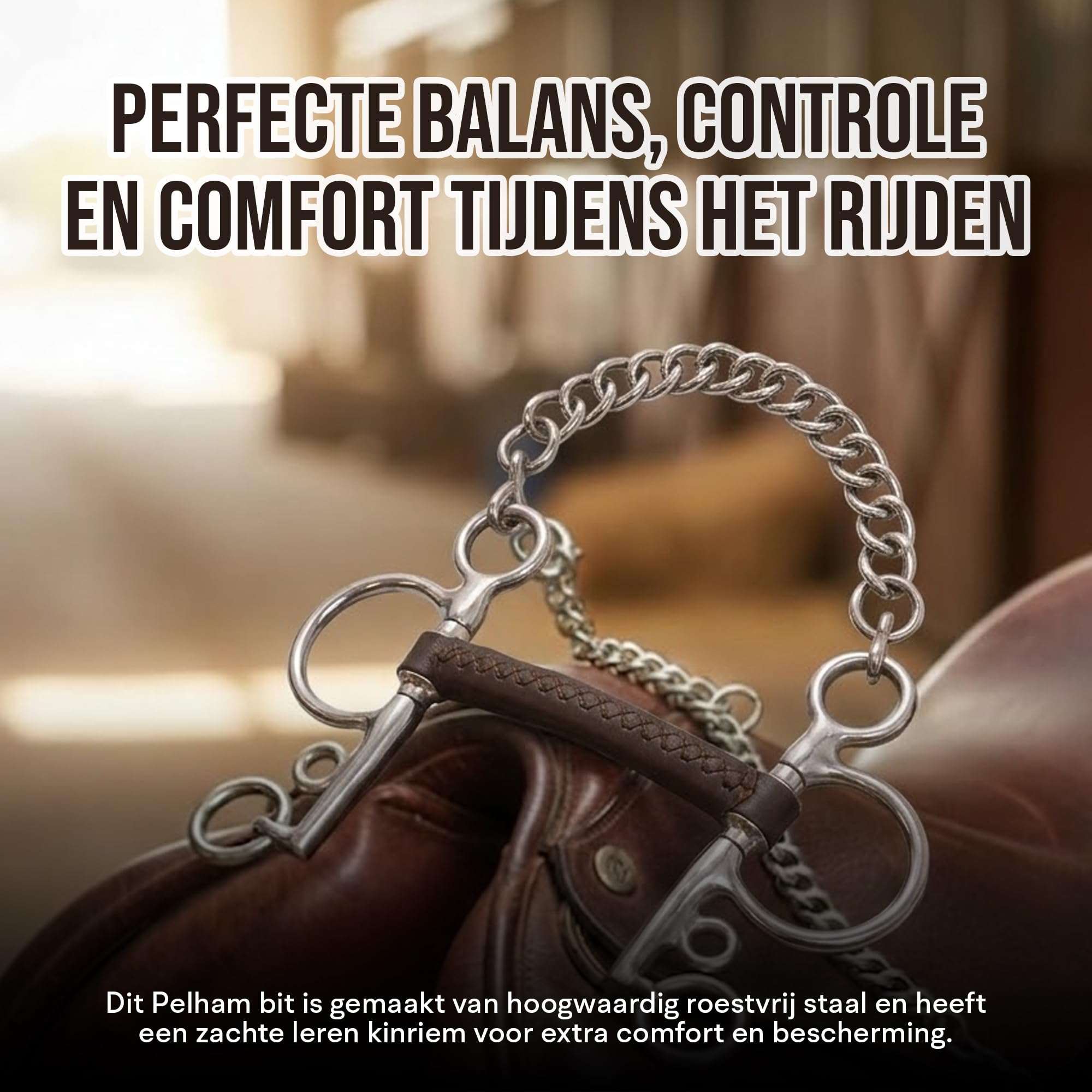 Pelham Gebiss 115 mm - Premium Braun Leder Gebiss für Pferd mit stabilen Metallringen und Kinnkette - Gerades Mundstück für Komfortables Reiten - Reitausrüstung für Reitpferd