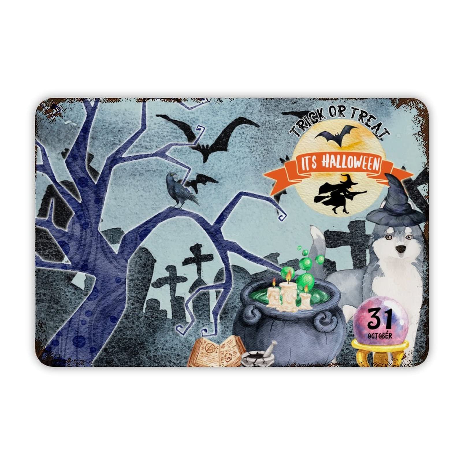 ENEDNATE Happy Halloween Scary Night Grave Witch Bats Trick Or Treat Dog Vintage Metal Sign 8x12 Decorative Aluminum Tin Sign for Indoor Outdoor Kitchen Bar Restaurant Cafe Pub Wall Art Decor Poster