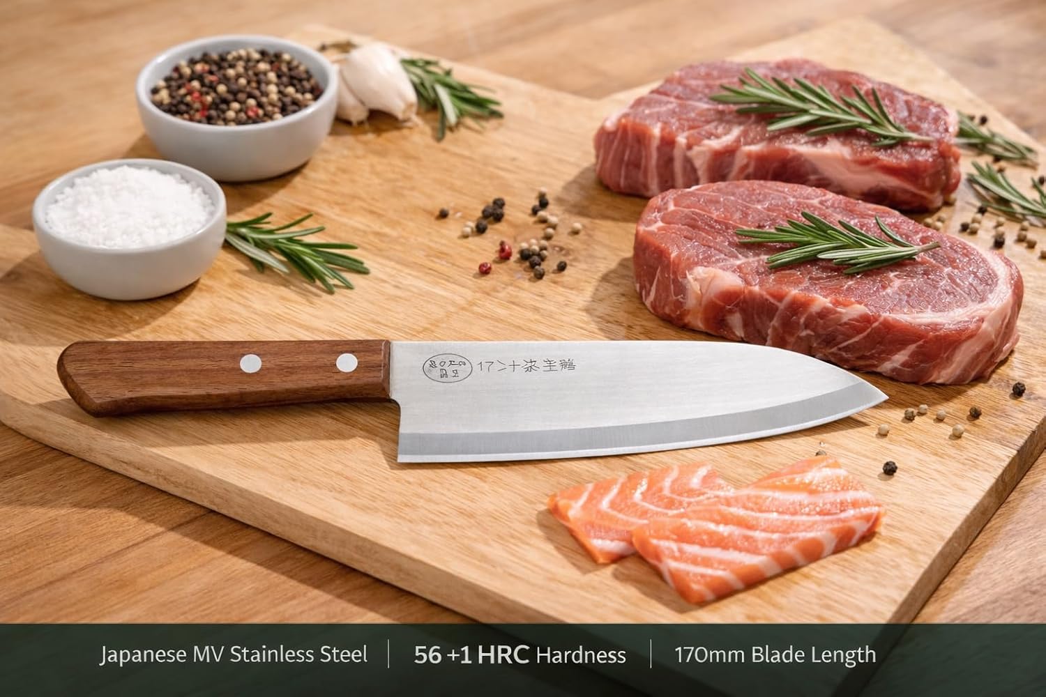 Japanese Style Santoku Knife, 170mm, Stainless Steel Blade, Wooden Handle
