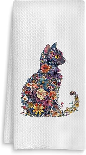 Toalla de cocina de gato con flores, toalla de mano de gato floral para decoración de baño, toalla de té para decoración de cocina, regalos para