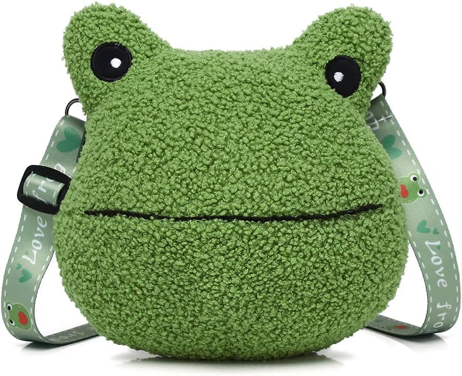 Green Frog Plush Crossbody Bag, Cute Kawaii Anime Purse, Fluffy Stuffed Animal Shoulder Handbag for Women, Girls