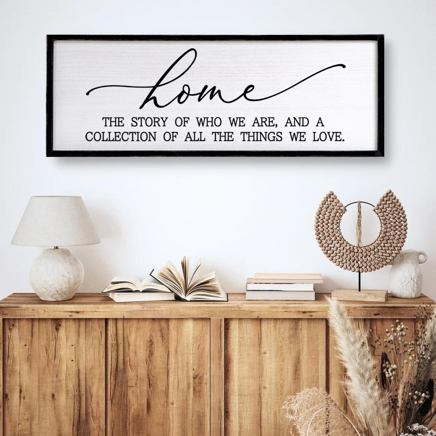 Home is the Story of Who We Are & a Collection of all the Things we Love Sign Framed Wall Art, 40''×15'' Rustic Horizontal Family Quote Wood Sign, Farmhouse Long Home Plaque Wall Decor Black Frame 40''×15'' Home is the Story of Who We Are