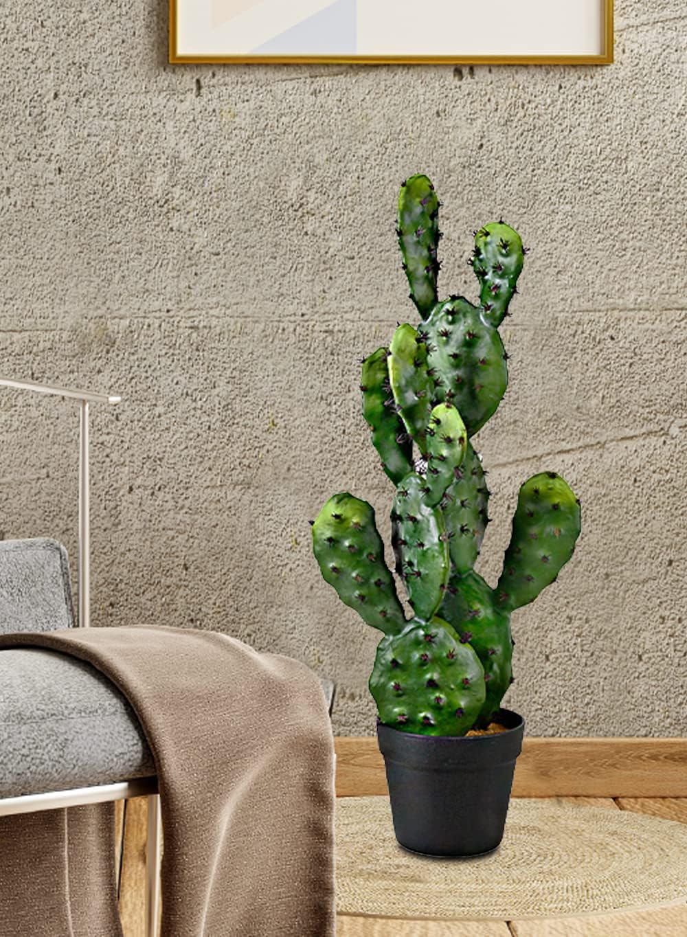 Serene Spaces Living Artificial Prickly Pear Cactus in Plastic Black Pot, Lifelike Potted Bunny Ear Cactus for Balcony, Living Room, Kitchen, Office, Patio, Entranceway, 11" Diameter & 27" Tall