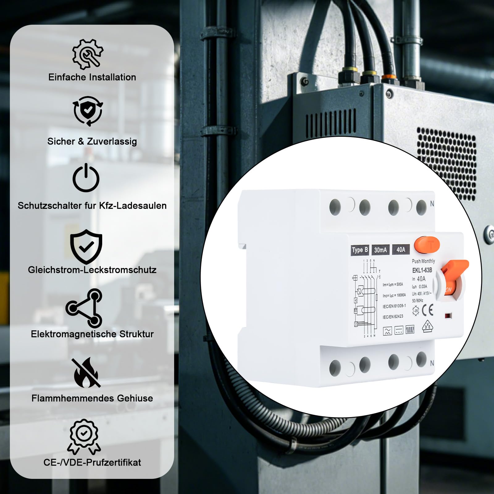 VDE-Zertifizierung FI Schutzschalter 40A 30mA 4P Typ B | Allstromsensitiv RCD | Für Wallboxen & Ladestationen