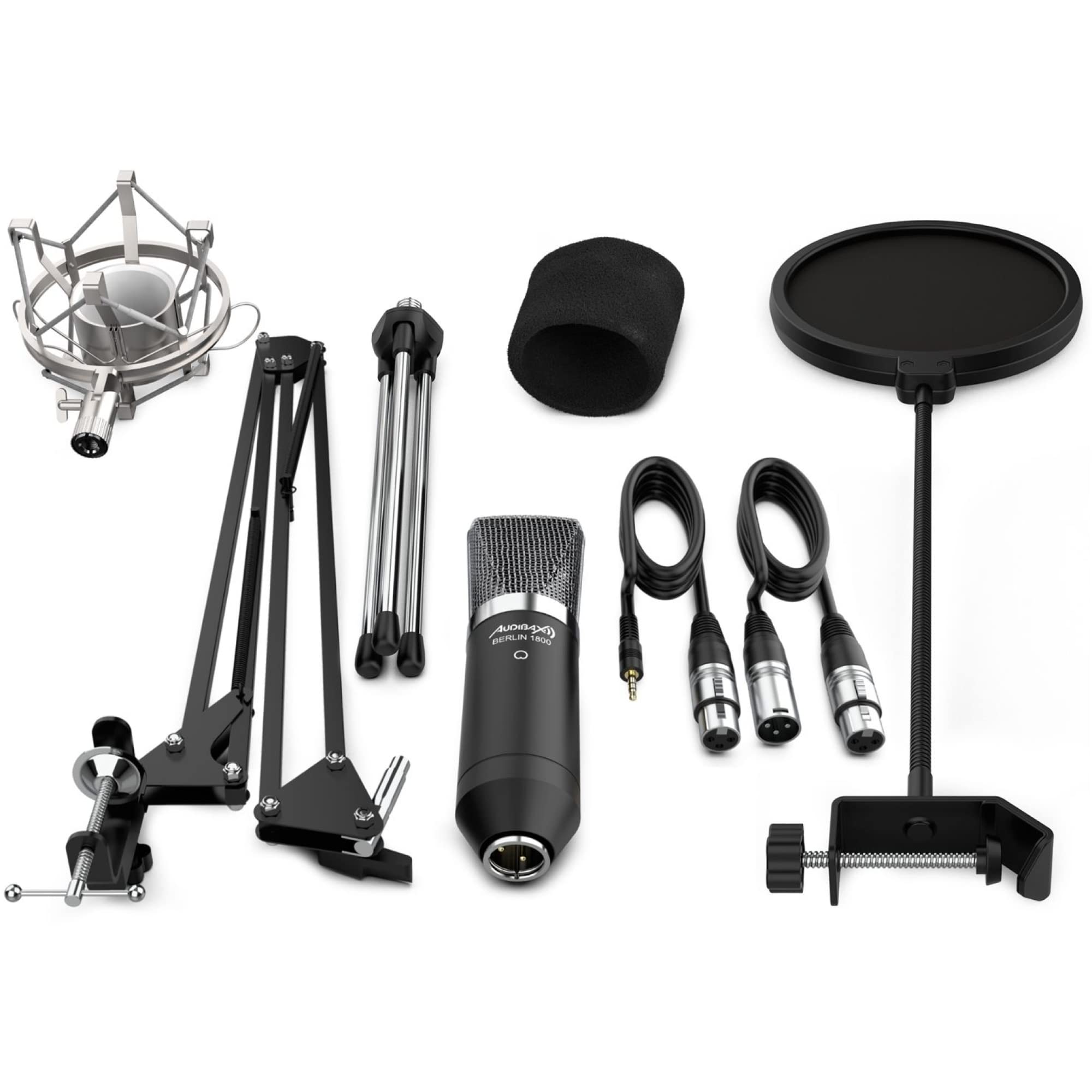 Audibax Berlin 1800 Silver Pro Studio mikrofon Condesandor, w zestawie uchwyt, anty-pop i kabel, zakres częstotliwości 20 Hz/20 kHz, mikrofon polarny, kardioid, srebrny